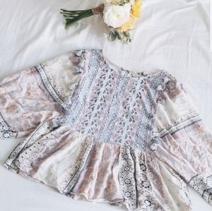 American Eagle Blue Floral Peasant Tassel Blouse